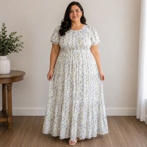 Jo West Women XXL White Floral Wildflower Butterfly Puff Sleeve Maxi Dress